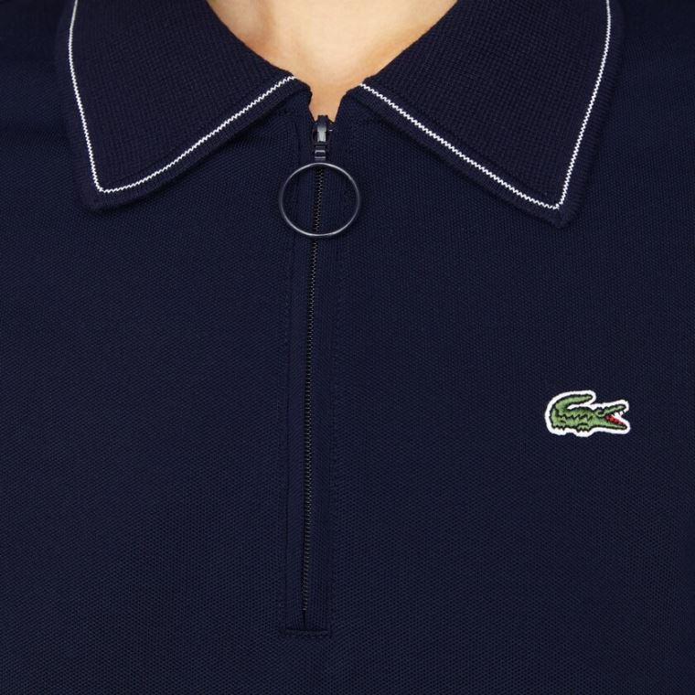 Lacoste Zippered Slim Fit Pamut Piqué Polo Shirt Sötétkék Kék Fehér | vQ2IdOSP