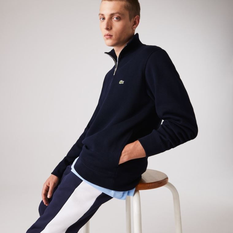 Lacoste Zippered Stand-Up Collar Pamut Sweatshirt Sötétkék Kék | 628m9sbB