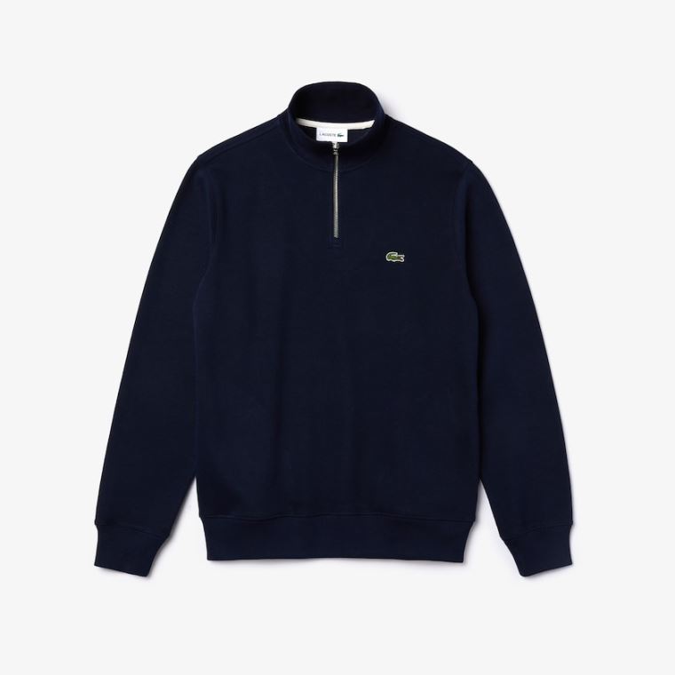 Lacoste Zippered Stand-Up Collar Pamut Sweatshirt Sötétkék Kék | 628m9sbB