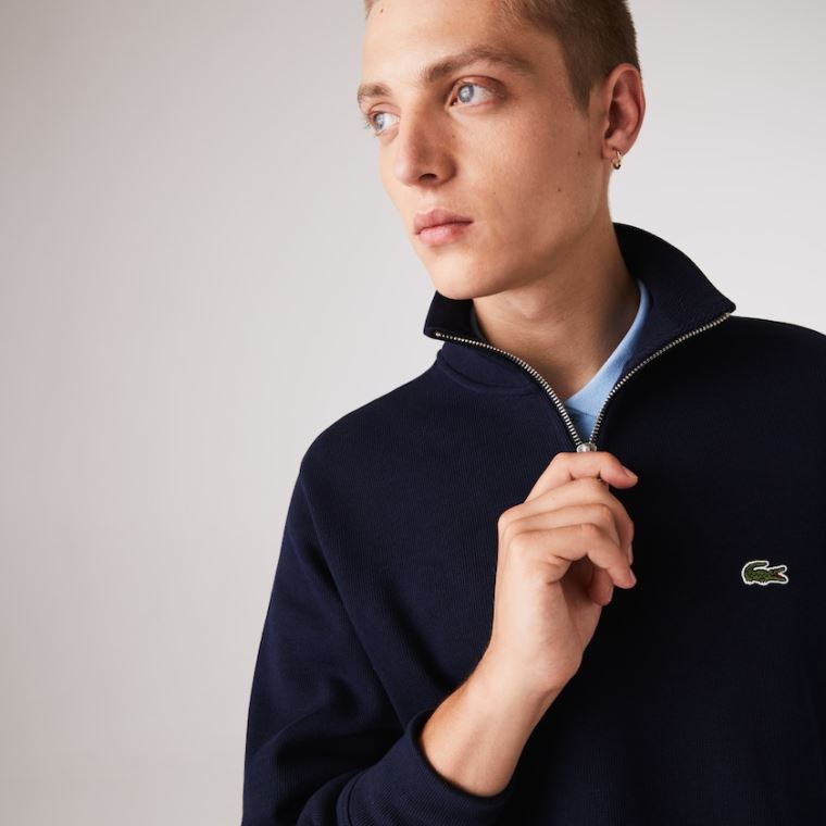 Lacoste Zippered Stand-Up Collar Pamut Sweatshirt Sötétkék Kék | 628m9sbB