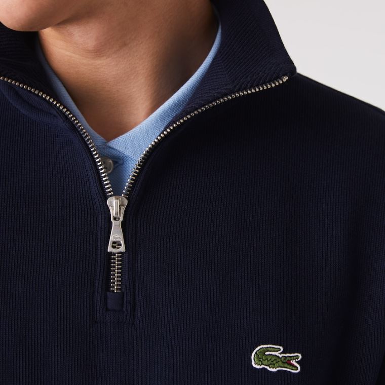 Lacoste Zippered Stand-Up Collar Pamut Sweatshirt Sötétkék Kék | 628m9sbB