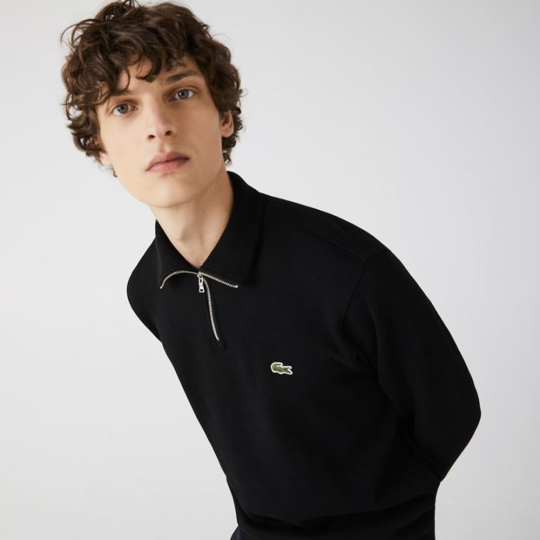 Lacoste Zippered Stand-Up Collar Pamut Sweatshirt Fekete | sMBfcH5S