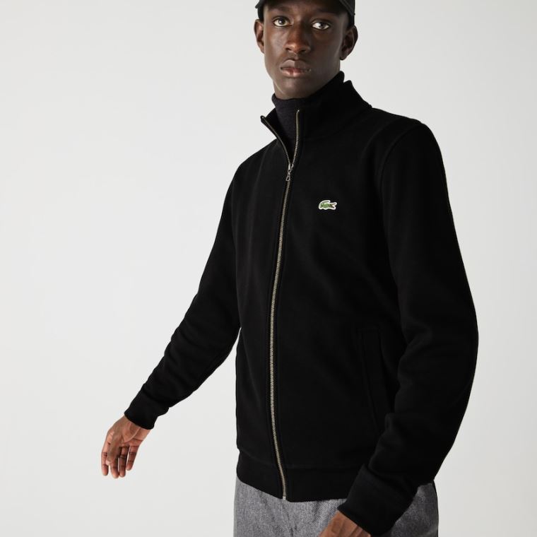 Lacoste Zippered Stand-Up Collar Piqué Fleece Jacket Fekete | Mzu6KN2L