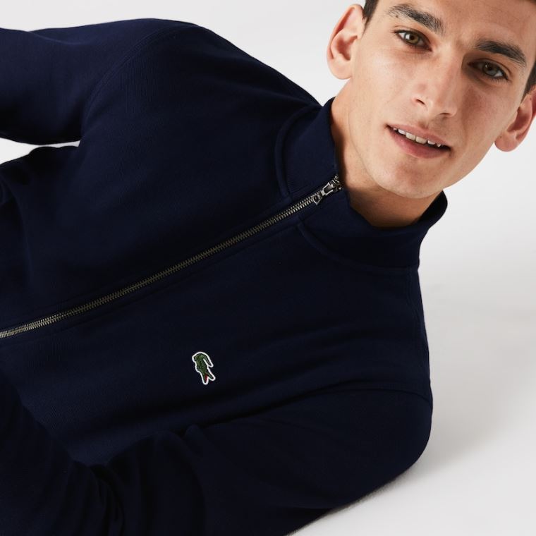 Lacoste Zippered Stand-Up Collar Piqué Fleece Jacket Sötétkék Kék | gPE7U69u