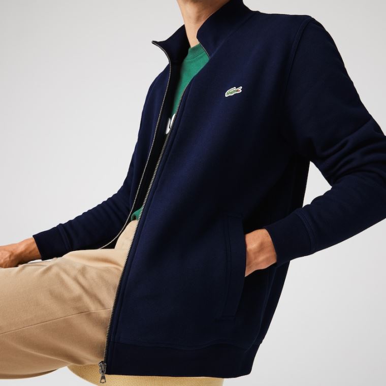 Lacoste Zippered Stand-Up Collar Piqué Fleece Jacket Sötétkék Kék | gPE7U69u