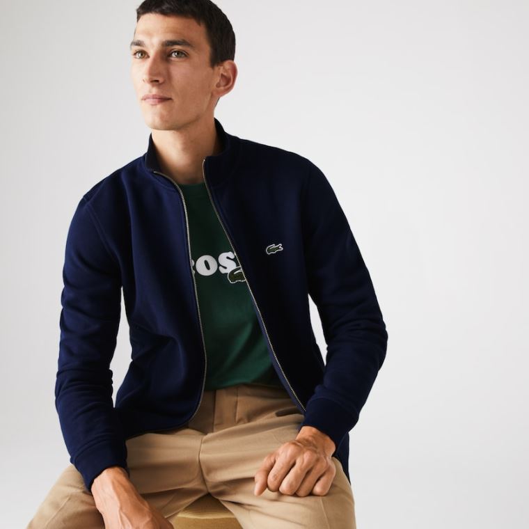 Lacoste Zippered Stand-Up Collar Piqué Fleece Jacket Sötétkék Kék | gPE7U69u