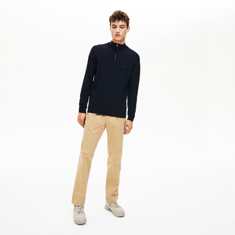 Lacoste Zippered Stand-Up Collar Wool Jersey Pulóver Sötétkék Kék | 7W5buNKb