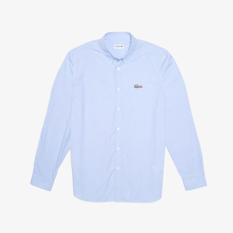 Lacoste x National Geographic Regular Fit Striped Pamut Shirt Kék Fehér | zCL3CjAO