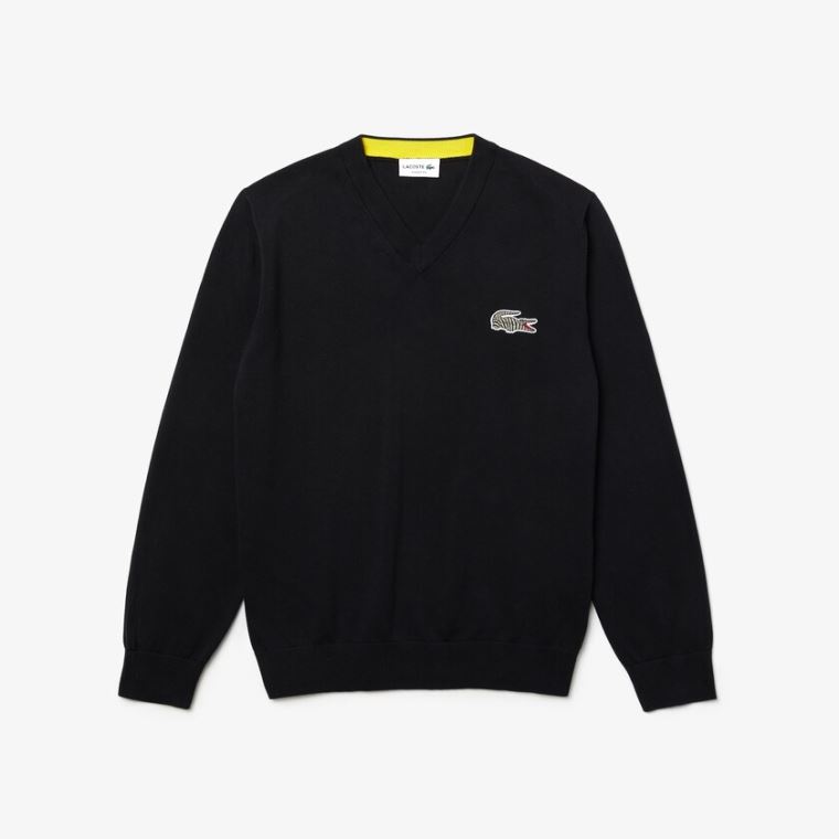 Lacoste x National Geographic V-neck Pamut Pulóver Sötétkék Kék Fehér | hEMPIaqw