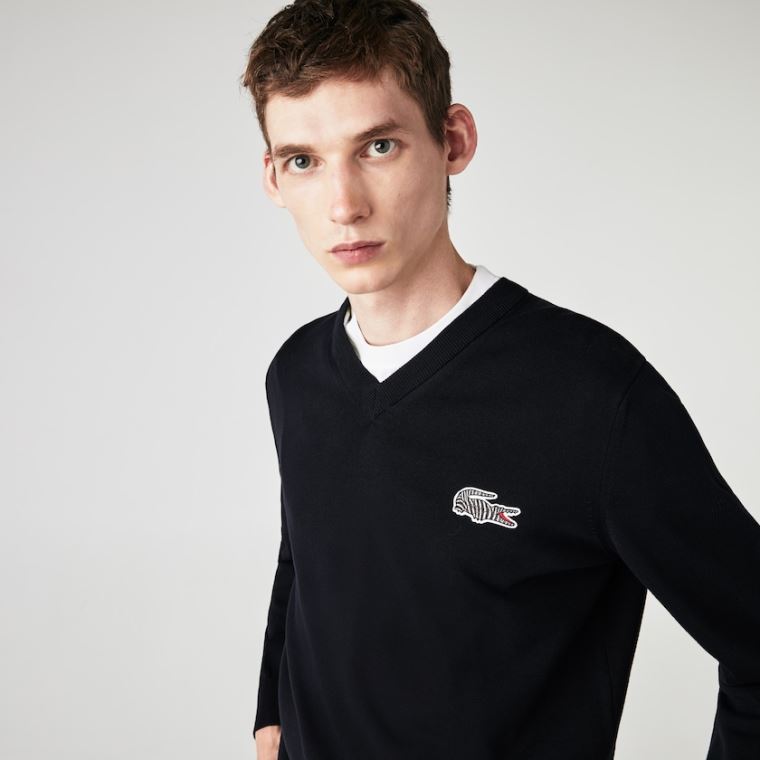 Lacoste x National Geographic V-neck Pamut Pulóver Sötétkék Kék Fehér | hEMPIaqw